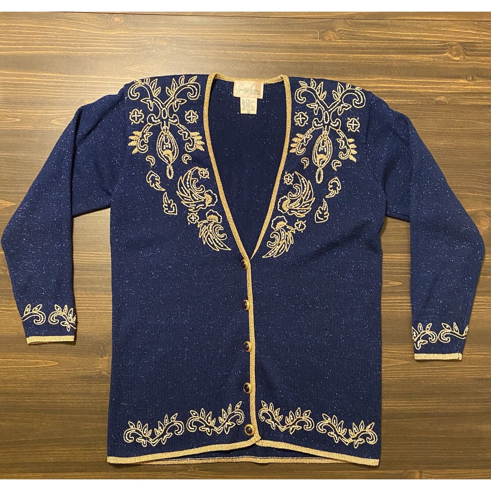 VTG jaclyn smith Cardigan BLUE 80s-90s Gold & Pearls M Medium Sweaters Shinny